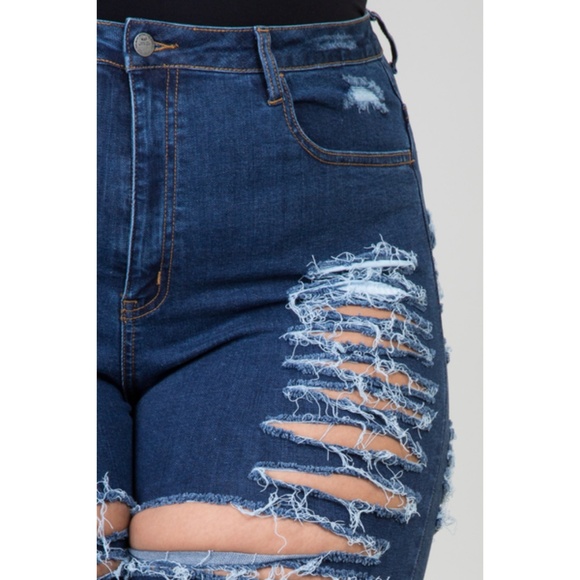 1x dark blue destroyed denim Bermuda shorts - Picture 4 of 6